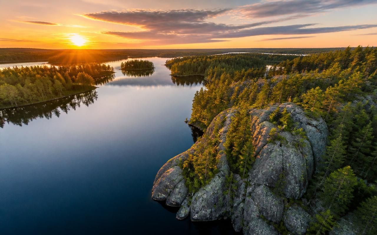 Northern Minnesota forests and lakes at sunset
